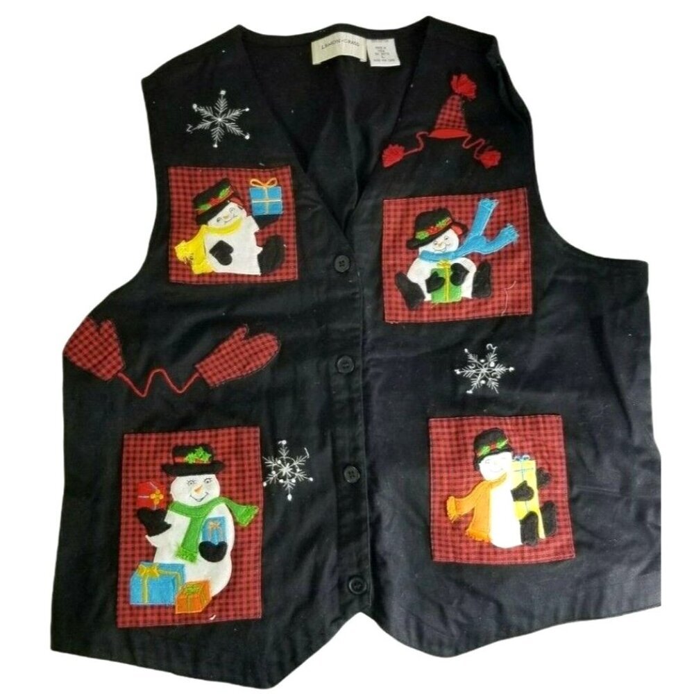 Lemon Grass Ugly Christmas Vest Snowman Cotton Button size L Large Grandmacore